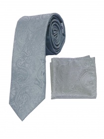 Conjunto corbata y pañuelo gris estampado paisley