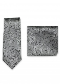 Conjunto corbata y pañuelo motivo paisley plata