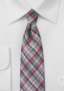 Corbata estrecha motivo cuadros rojo plata
